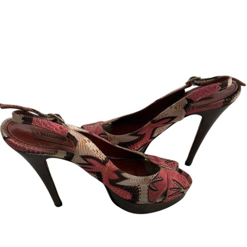 Missoni Slingback Heels Knit Pattern Peep Toe Italy Designer Size 9 Y2K Luxury - Picture 5 of 12